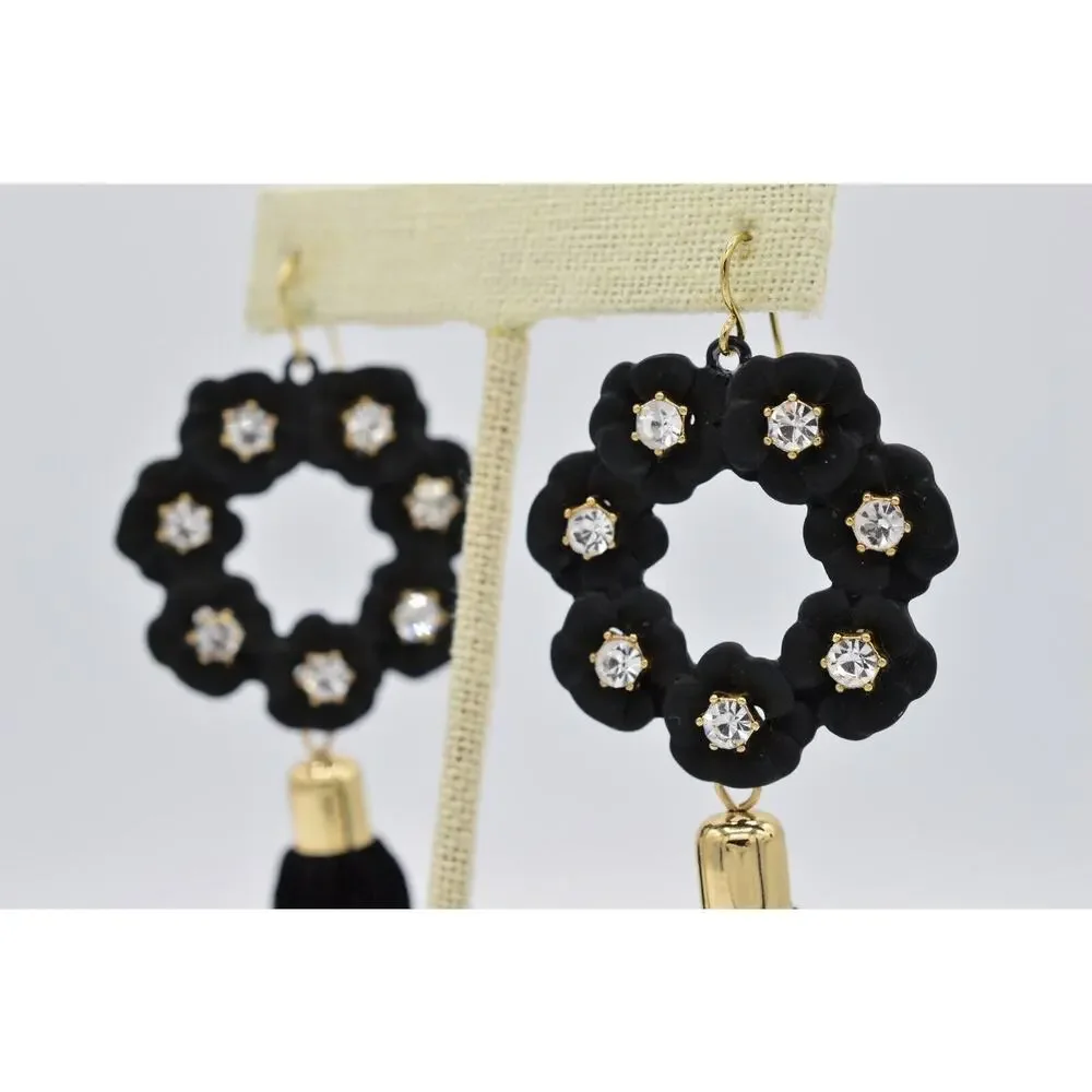 Vintage Statement Tassel Earrings Dangle Black Thread Gold Rhinestone Y2K BinAA